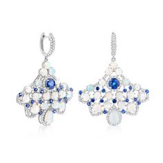 Ross-Simons - Opal, 3.50ct t. w. Sapphire, 1.80ct t. w. Diamond Chandelier Earrings. This ornate pair of chandelier earrings is the icy finishing touch that will complete a winter wardrobe or cool down a summer sundress. They feature snowy 4-5mm round and 8x6mm pear-shaped opal cabochons, with bold 3.50 ct. t. w. round sapphires and shimmery 1.80 ct. t. w. round brilliant-cut diamond borders as decor. Crafted in 18kt white gold. Hanging length is 2". Hinged post, diamond, sapphire and opal chand Luxury White Gold Chandelier Earrings Pear-shaped, Pear-shaped Diamond Chandelier Earrings In White Gold, Silver Pear-shaped Chandelier Earrings Fine Jewelry, White Pear-shaped Chandelier Earrings Fine Jewelry, Diamond Pear-shaped Chandelier Earrings, Diamond Chandelier, Diamond Chandelier Earrings, Opal Birthstone, Summer Sundress