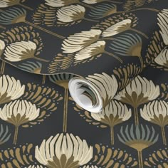 an image of a wallpaper with gold and blue flowers on black background, including leaves