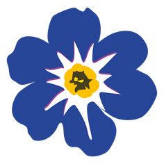 a blue and yellow flower with the letter s on it's center, surrounded by smaller flowers