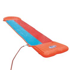 an orange and blue inflatable water slide on a white background with clippings