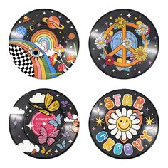 three plates with different designs on them and one has an image of a peace sign