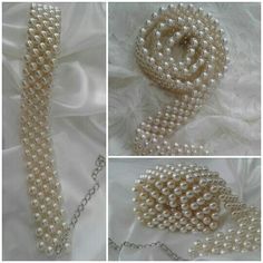 three pictures of pearls on a white cloth