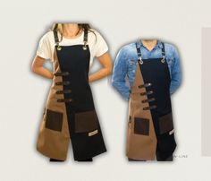 two aprons that have different colors on them and one is black with brown trim