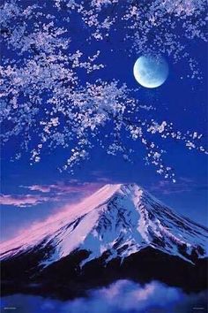 an image of a mountain with snow on it and the moon in the sky above