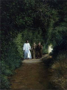 three people are walking down a path in the woods, one is wearing a white robe