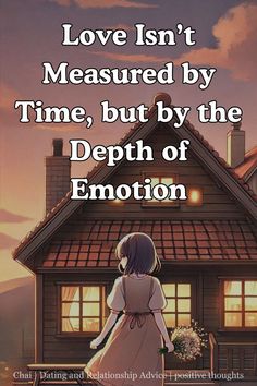 a girl standing in front of a house with the words love isn't measured by time, but by the depth of emotion