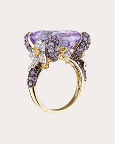 Centered around an emerald-cut lilac amethyst, the Cinderella ring decorates its 18-karat gold vermeil band with blossoming floral motifs and pavé lab-grown stones—including yellow sapphires, violet amethysts and white diamonds. From Anabela Chan's English Garden Collection, modern floral creations inspired by everlasting beauty and charm. 18k yellow gold vermeil, synthetic violet amethyst, synthetic yellow sapphire, simulated lilac amethyst and simulated white diamond Carat: 0.5 ctw yellow sapp Luxury Lavender Amethyst Ring, Luxury Amethyst Ring With Polished Finish, Luxury Purple Amethyst Ring With Cubic Zirconia, Luxury Purple Crystal Fine Jewelry Ring, Cinderella Ring, Luxury Lavender Amethyst Ring - Fine Jewelry, Alexis Bittar Jewelry, Family Jewels, Sparkle Jewelry