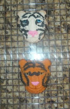 two cakes shaped like tigers sitting on top of a tiled counter next to each other