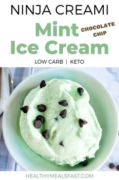 mint ice cream in a bowl with chocolate chips on top and text overlay that reads, mint ice cream