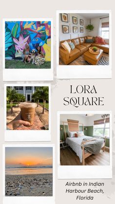 an advertisement for the flora square hotel in florida, with pictures of furniture and decor