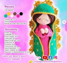 the crocheted doll is wearing a green and yellow shawl