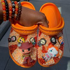 Custom Halloween Crocs. Crocs Are A Size 9 Women (7 Men) And 1 Of 1. Price Includes Shipping And Handling. Customized Crocs Shoes, Crocs Halloween, Crocs Custom, Bedazzled Crocs, Halloween Crocs, Orange Crocs, Crocs With Charms, Bedazzled Shoes Diy, Platform Crocs