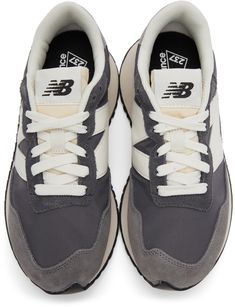 Low-top paneled suede and nylon ripstop sneakers in grey. · Lace-up closure in off-white · Textile logo patch in white at tongue · Padded collar · Logo bonded in grey at tonal grained leather heel tab · Grained leather logo appliqué in off-white at sides · Textile lining in off-white · Foam rubber midsole in taupe · Treaded rubber outsole in black Supplier color: Magnet/Castlerock New Balance Clothing, New Balance For Women, New Balance Grey, White Textile, New Balance Outfit, Gray Sneakers, Grey Lace, Textile Logo, Adidas Samba Sneakers