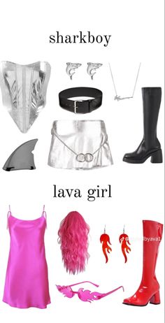 some different types of clothes and accessories on a white background with the words shark boy lava girl