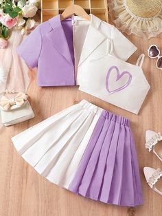 Purple Casual Collar Short Sleeve  Colorblock,Heart  Embellished Non-Stretch  Tween Girls Clothing Cute Dress Outfits, Cute Preppy Outfits, Easy Trendy Outfits, Girls Sweet, Girls High, Simple Trendy Outfits, Really Cute Outfits, Purple Fashion