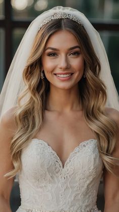 a woman in a wedding dress and veil smiling at the camera with her hands on her hips