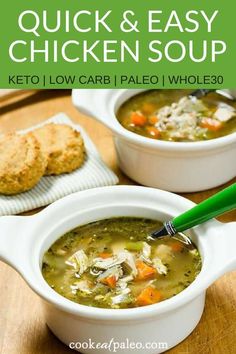 two white bowls filled with chicken and vegetable soup