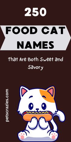 an animal with food in its mouth and the words, 25 food cat names that are both sweet and savory