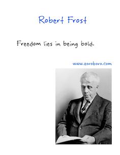 an old man in a suit reading a book with the words robert frost on it