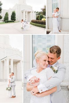 a bride and groom posing for pictures in front of a building