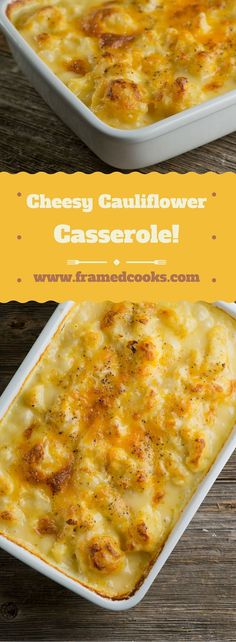 cheesy cauliflower casserole in a white dish on a wooden table