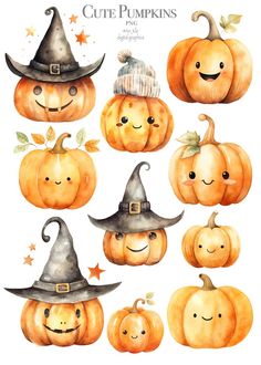 watercolor pumpkins with different faces and hats