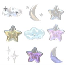 six shiny stars and crescents are shown in the shape of moon, cloud, and star shapes