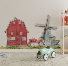 a child's room with a red barn, windmill and tractor painted on the wall