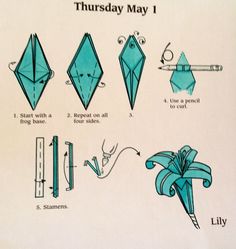 the instructions for how to make an origami flower and other things that are on display