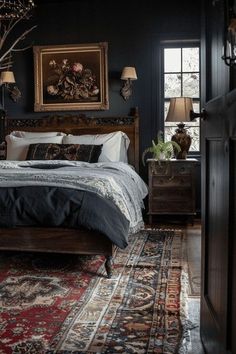 Dark And Moody Bedroom, Moody Bedroom Ideas, Chicago House, Victorian Bedroom, House Vibes, Dark Bedroom, Black Bedroom, Vintage Bedroom