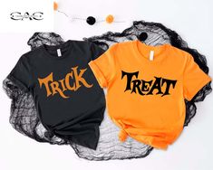 Trick or Treat Couples Shirt,Halloween Matching Shirt, Black Orange Fall Party Shirt, Matching Halloween Shirts, Fall Husband Wife Shirts 👉How Do I Order👈 1️⃣ Please review all the information provided before placing an order 2️⃣ Select the shirt size using the drop down menu. 3️⃣ Select the color of the shirt using the following drop down menu. * * Different styles of shirts may have different shades of same color choice due to different manufacturer brands. * * For this reason, we recommend Black Horror Shirt For Halloween, Black Shirt For Halloween Costume Party, Black Long Sleeve Halloween Shirt, Black Tops For Halloween Costume Party, Black Short Sleeve Shirt For Halloween, Spooky Black T-shirt For Costume Party, Orange Letter Print Shirt For Halloween, Black Short Sleeve Shirt For Costume Party, Spooky Black Tops For Costume Party