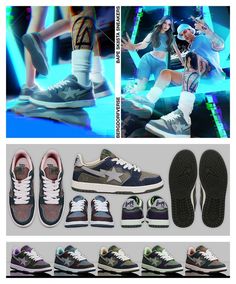 the collage shows different sneakers and shoes with images of people in front of them