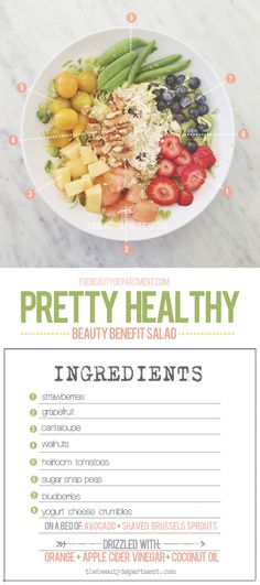 a healthy meal with fruits and vegetables is shown in the middle of this recipe card