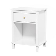 a white night stand with one drawer open