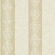 a beige and white striped wallpaper with an ornate design on the bottom half of it