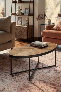 a living room with two couches and a coffee table in the middle of it