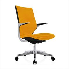 an office chair with yellow fabric and chrome base, viewed from the front view on a white background