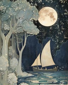 a painting of a boat in the water with trees around it and a full moon