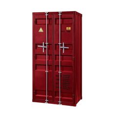 a red double doored cabinet with metal handles and bars on the doors is shown against a white background