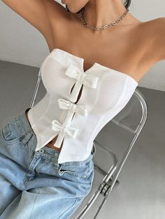 Women  Knit Crop Top With Bow Decor & Split Hem White Casual  Sleeveless Knitted Fabric Plain  Slight Stretch  Women Clothing, size features are:Bust: ,Length: ,Sleeve Length: Fitted White Shirt, Fabric Clothes, Top With Bow, Bow Decor, Elegant Dresses Long, Knit Crop Top, Knit Crop, White Casual