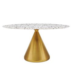 a white and gold table with a marble top on an isolated pedestal in front of a white background