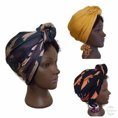 Satin lined pre tied turban made with jersey, lycra and satin stretch fabric.Ready to wear. Just slip on and go!Adjust the turban by pulling on the knot to tighten or pulling the two sides laid on the head to loosen.Made to fit most adult heads.Colour of the satin lining may vary. Colours include; red, purple, brown, pink, black, lilac, gold.If you want a specific satin colour from those listed above to match your selected pattern, please indicate in the notes when checking out. *Based on availa Adjustable Knotted Turban, Fitted Black Turban For Summer, Fitted Black Summer Turban, Faux Dreads, Tied Knot, Head Wraps For Women, Head Scarf Styles, Turban Headwrap, Turban Style