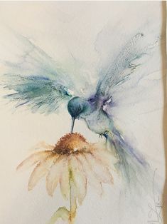 a watercolor painting of a bird on top of a flower with its wings spread