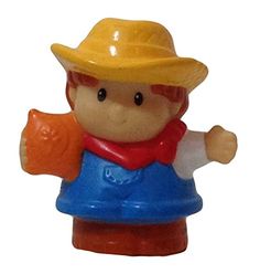 a toy figurine wearing a yellow hat and blue shirt with an orange scarf