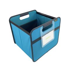 a blue and black storage bin with a name tag on it's side,