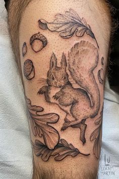 Shows a leg with fresh black linework tattoo of a squirrel and Fall folliage. With black line details and shading. Squirrel Tattoo, Party Tattoos, Tattoo Illustration, Time Tattoos, Family Tattoos, Tattoos Gallery, Dope Tattoos, Skin Art, Blackwork Tattoo