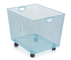 a blue mesh bin with wheels on the bottom is shown in front of a white background