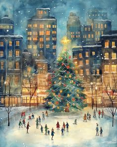 a painting of people skating around a christmas tree in the city with buildings and lights