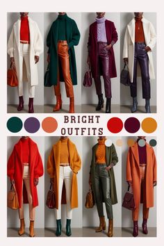 Create a detailed and realistic photo showcasing fashionable fall outfits for each day of the week. Incorporate the following color palette into the clothing: Tomato Cream (a soft red-orange), Scarlet Smile (a bright red), Golden Palm (a rich gold), Aventurine (a muted green), Red Orange (a deep orange-red), Fern (a fresh green), Italian Plum (a dark purple), Moonstruck (a soft grey), Winter Sky (a cool blue), and Lucent White (a crisp, bright white). The outfits should include trendy fall pieces such as oversized coats, chunky knits, tailored trousers, boots, and scarves, with a mix of textures like wool, leather, and suede. Accessories complement each look, from bags to jewelry, adding depth and style to the outfits, perfect for an on-trend autumn wardrobe. Autumn 2024 Color Trends, Autumn Colored Outfits, Orange Outfit Color Combos, Burgundy Orange Outfit, Color Academia Outfit, Red For Fall, Color Theory For Clothing, Fall Clothing Colors, Orange Wool Coat