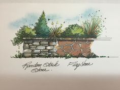 a drawing of a stone wall with plants growing out of it and the words garden state flags written in cursive writing